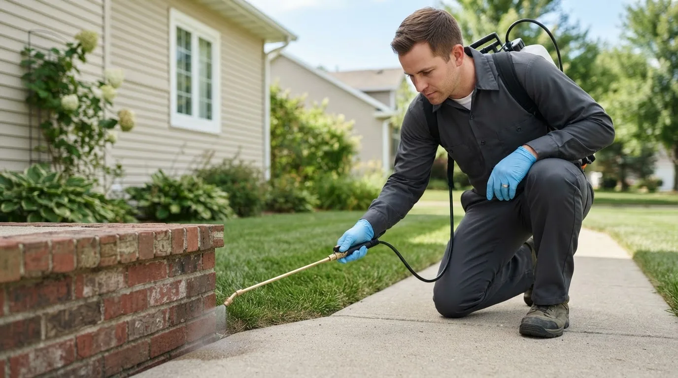 Pest control technician treating a home near Verona, ND