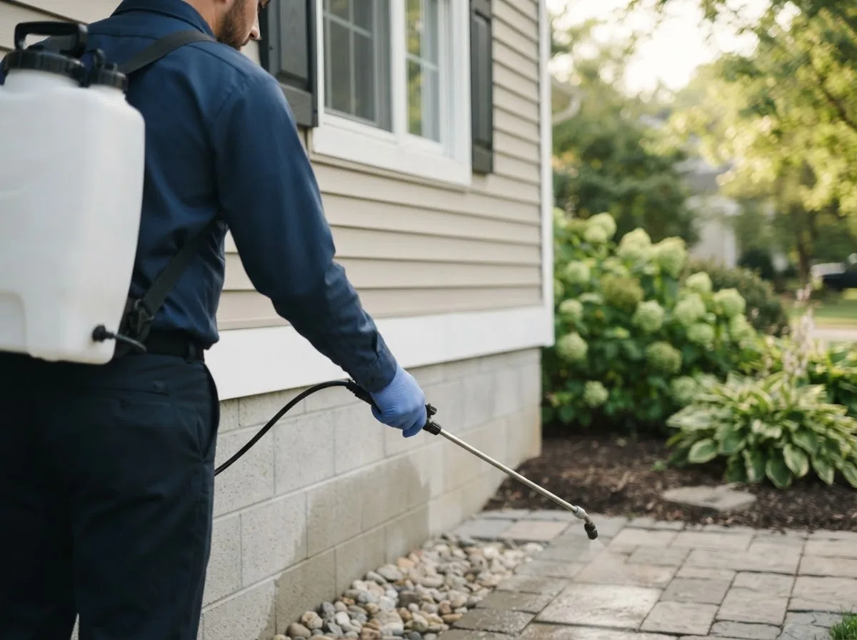 Pest control technician inspecting a home in Verona, ND